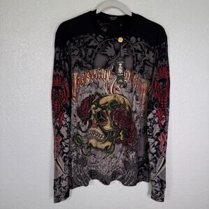 Christian Audigier Shirt Men Medium Thermal Skull Rose Rhinestone Y2K Tattoo NEW
